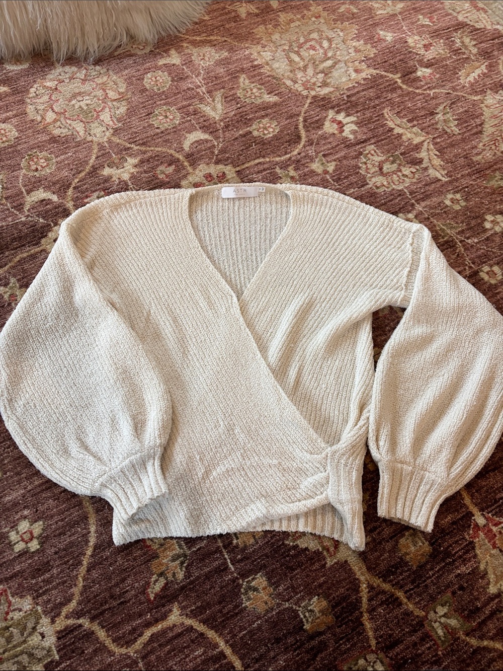 Astr Ivory Wrap V-Neck Balloon Sleeve Sweater